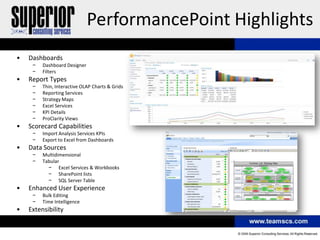 PerformancePoint Highlights
•   Dashboards
     −   Dashboard Designer
     −   Filters
•   Report Types
     −   Thin, Interactive OLAP Charts & Grids
     −   Reporting Services
     −   Strategy Maps
     −   Excel Services
     −   KPI Details
     −   ProClarity Views
•   Scorecard Capabilities
     −   Import Analysis Services KPIs
     −   Export to Excel from Dashboards
•   Data Sources
     −   Multidimensional
     −   Tabular
           − Excel Services & Workbooks
           − SharePoint lists
           − SQL Server Table
•   Enhanced User Experience
     −   Bulk Editing
     −   Time Intelligence
•   Extensibility
 