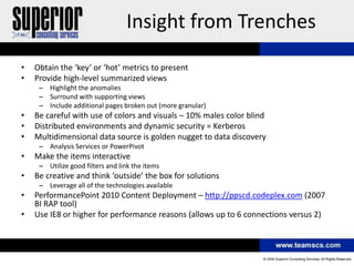 Insight from Trenches
•   Obtain the ‘key’ or ‘hot’ metrics to present
•   Provide high-level summarized views
     – Highlight the anomalies
     – Surround with supporting views
     – Include additional pages broken out (more granular)
•   Be careful with use of colors and visuals – 10% males color blind
•   Distributed environments and dynamic security = Kerberos
•   Multidimensional data source is golden nugget to data discovery
     – Analysis Services or PowerPivot
•   Make the items interactive
     – Utilize good filters and link the items
•   Be creative and think ‘outside’ the box for solutions
     – Leverage all of the technologies available
•   PerformancePoint 2010 Content Deployment – http://ppscd.codeplex.com (2007
    BI RAP tool)
•   Use IE8 or higher for performance reasons (allows up to 6 connections versus 2)
 
