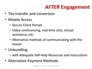 AFTER Engagement
• The transfer and conversion
• Mobile Access
– Secure Client Portals
– Video conferencing, real-time cha...