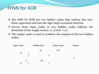 FFNN for XOR
● The ANN for XOR has two hidden nodes that realizes this non-

linear separation and uses the sign (step) activation function.
● Arrows from input nodes to two hidden nodes indicate the
directions of the weight vectors (1,-1) and (-1,1).
● The output node is used to combine the outputs of the two hidden
nodes.
Input nodes

Hidden layer

X1

1
–1

Output layer

H1

Output

–0.5
1
Y

–1
X2

1

H2

1

 