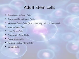 Adult Stem cells
• Bone Marrow Stem Cells
• Peripheral Blood Stem Cells
• Neuronal Stem Cells (from olfactory bulb, spinal cord)
• Muscle Stem Cells
• Liver Stem Cells
• Pancreatic Stem Cells
• Renal stem cells
• Corneal Limbal Stem Cells
• Dental pulp
 