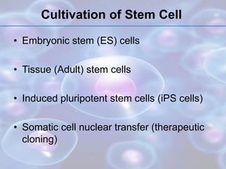 Cultivation of Stem Cell
• Embryonic stem (ES) cells
• Tissue (Adult) stem cells
• Induced pluripotent stem cells (iPS cel...