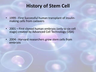 History of Stem Cell
• 1999 - First Successful human transplant of insulin-
making cells from cadavers
• 2001 – First clon...
