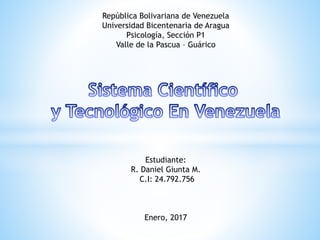 República Bolivariana de Venezuela
Universidad Bicentenaria de Aragua
Psicología, Sección P1
Valle de la Pascua – Guárico
Estudiante:
R. Daniel Giunta M.
C.I: 24.792.756
Enero, 2017
 