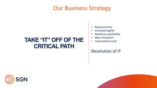 8
Our	
  Business	
  Strategy	
  
• Reduced	
  totex
• Increased	
  agility	
  
• Resilience	
  availability
• New	
  innovation	
  	
  
• Improved	
  Security	
  	
  
Devolution	
  of	
  IT	
  
TAKE  “IT”  OFF  OF  THE  
CRITICAL  PATH
 
