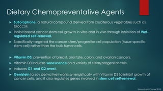 Dietary Chemopreventative Agents
u Sulforaphane, a natural compound derived from cruciferous vegetables such as
broccoli.
u Inhibit breast cancer stem cell growth in vitro and in vivo through inhibition of Wnt-
regulated self-renewal.
u Specifically targeted the cancer stem/progenitor cell population (tissue-specific
stem cell) rather than the bulk tumor cells.
u Vitamin D3, prevention of breast, prostate, colon, and ovarian cancers.
u Vitamin D3 induces senescence on a variety of stem/progenitor cells.
u Induces G1 and G2 arrest.
u Genistein (a soy derivative) works synergistically with Vitamin D3 to inhibit growth of
cancer cells, and it also regulates genes involved in stem cell self-renewal.
(Maund andCramer 2010)
 