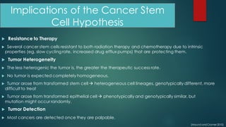 Implications of the Cancer Stem
Cell Hypothesis
u Resistance to Therapy
u Several cancer stem cells resistant to both radiation therapy and chemotherapy due to intrinsic
properties (eg. slow cycling rate, increased drug efflux pumps) that are protecting them.
u Tumor Heterogeneity
u The less heterogenic the tumor is, the greater the therapeutic success rate.
u No tumor is expected completely homogeneous.
u Tumor arose from transformed stem cell à heterogeneous cell lineages, genotypically different, more
difficult to treat
u Tumor arose from transformed epithelial cell à phenotypically and genotypically similar, but
mutation might occur randomly.
u Tumor Detection
u Most cancers are detected once they are palpable.
(Maund andCramer 2010)
 