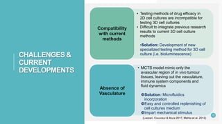 CHALLENGES &
CURRENT
DEVELOPMENTS
• Testing methods of drug efficacy in
2D cell cultures are incompatible for
testing 3D cell cultures
• Difficult to integrate previous research
results to current 3D cell culture
methods
•Solution: Development of new
specialized testing method for 3D cell
culture (i.e. bioluminescence)
Compatibility
with current
methods
• MCTS model mimic only the
avascular region of in vivo tumour
tissues, leaving out the vasculature,
immune system components and
fluid dynamics
Solution: Microfluidics
incorporation
Easy and controlled replenishing of
cell cultures medium
Impart mechanical stimulus
Absence of
Vasculature
10
(Lazzari, Couvreur & Mura 2017, Mehta et al. 2012)
 