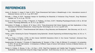 REFERENCES
Antoni, D, Burckel, H, Josset, E, Noel, G 2015, ‘Three Dimensional Cell Culture: A Breakthrough in Vivo’, International Journal of
Molecular Science, vol.16, no. 3, pp. 5517–5527.
Brunelle, J, Zhang, B 2010, ‘Apoptosis Assays for Quantifying the Bioactivity of Anticancer Drug Products’, Drug Resistance
Updates, vol. 13, no. 6, pp. 172-179.
Duval, K, Grover, H, Han, LH, Mou, Y, Pegoraro, A, Fredberg, J & Chen, Z 2017, ‘Modeling Physiological Events in 2D vs. 3D Cell
Culture’, Physiology (Bethesda), vol. 32, no. 4, pp. 266-277.
Edmondson, R, Broglie, JJ, Adcock, AF & Yang L 2014, ‘Three-dimensional Cell Culture Systems and their Applications in Drug
Discovery and Cell-based Biosensors’, Assay Drug Dev Technologies, vol. 12, no. 4, pp.207–218.
Fang, Y & Eglen, RM 2017, ‘Three-Dimensional Cell Cultures in Drug Discovery and Development’, Slas Discovery, vol. 22, no. 5,
pp. 456-472.
Hesley, J 2016, ‘Screening for Cancer Therapeutics Using Spheroids’, Genetic Engineering and Biotechnology News, vol. 36, no. 11,
p. 130.
Holle, A, Young, J & Spatz, J 2016, ‘In Vitro Cancer Cell-ECM Interactions Inform In Vivo Cancer Treatment’, Advanced Drug
Delivery Reviews, vol. 97, pp. 270-279.
Kapałczyńska, M, Kolenda, T, Przybyła, W, Zajączkowska, M, Teresiak, A, Filas, V, Ibbs, M, Bliźniak, R, Łuczewski, Ł & Lamperska,
K 2018, ‘2D and 3D Cell Cultures - A Comparison of Different Types of Cancer Cell Cultures’ Archives of Medical Science, vol.
14 no. 4, pp. 910-919.
Kessel, S, Cribbes, S, Bonasu, S, Qiu, J & Chan, L 2018, ‘Real-Time Apoptosis and Viability High Throughput Screening of 3D
Multicellular Tumor Spheroids Using the Celigo Image Cytometer’, SLAS Discovery, vol. 23, no. 2, pp. 202-210. 12
 