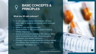 BASIC CONCEPTS &
PRINCIPLES
2
What are 3D cell cultures?
 In vitro cultures where immortalized cell lines,
stem cells, or explants are placed within hydrogel
matrices
 Mimic in vivo cell environments
 Dimensionality of 3D cultures leads to varying
cellular responses
 Spatial and physical aspects in 3D cultures affect
signal transduction of cells, influencing gene
expression and cellular behaviour
 Provide a more accurate prediction of drug toxicity
and efficacy than traditional in vitro tumour cells
cultured in monolayer (2D)
(Antoni et al. 2015, Edmonsond 2014)
 