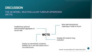 DISCUSSION
THE 3D MODEL: MULTICELLULAR TUMOUR SPHEROIDS
(MCTS)
4
MCTS
Most well-characterized
organotypic model of cancerScaffold-free spherical
self-assembled aggregates of
cancer cells
Display an intermediate complexity
between 2D in vitro cell cultures and in
vivo solid tumors
Suitable 3D model for drug
evaluation
(Lazzari, Couvreur & Mura 2017, Nath & Devi 2016)
 