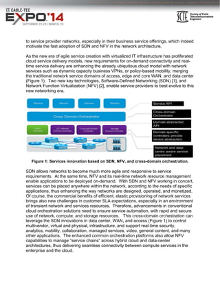 to servic
motivate
As the n
cloud se
time ser
services
the tradi
(Figure
Network
new netw
Figur
 
SDN allo
requirem
enable a
services
applicati
Of cours
brings a
of transi
cloud or
use of n
leverage
multiven
analytics
other ap
capabilit
architect
enterpris
ce provider
e the fast ad
new era of a
ervice delive
rvice deliver
s such as dy
itional netw
1). Two ne
k Function V
working era
re 1: Service
ows networ
ments. At th
applications
s can be pla
ions, thus e
se, the com
lso new ch
ent network
rchestration
etwork, com
e the SDN i
ndor, virtual
s, mobility,
pplications.
ties to man
tures, thus
se and the
networks, e
doption of S
agile servic
ery models
ry are enha
ynamic cap
work service
ew key tech
Virtualizatio
a.
es innovatio
rks to beco
he same tim
s to be depl
aced anywh
enhancing t
mmercial be
allenges in
k and servi
n solutions n
mpute, and
innovations
l and physic
collaboratio
The enhan
age “servic
delivering s
cloud.
especially i
SDN and N
e creation w
, new requi
ancing the a
pacity busin
e domains o
hnologies, S
on (NFV) [2
on based o
me much m
me, NFV an
loyed on-de
here within
the way net
nefits of eff
customer S
ces resourc
need to ens
storage re
s in data ce
cal, infrastr
on, manage
nced comm
ce chains” a
seamless c
n their bus
FV in the n
with virtuali
irements fo
already ubiq
ness VPNs,
of access, e
Software-De
], enable se
n SDN, NFV
more agile a
nd its real-ti
emand. Wi
the networ
tworks are
ficient, elas
SLA expect
ces. There
sure service
esources. T
nter, WAN,
ructure, and
ed services
mon orchest
across hybr
connectivity
iness servic
network arc
ized IT infra
or on-deman
quitous clo
or policy-b
edge and co
efined Netw
ervice prov
V, and cross
and respon
ime networ
ith SDN an
rk, accordin
designed, o
stic provisio
tations, esp
efore, advan
e automatio
This cross-
, and acces
d support re
s, video, ge
tration platf
rid cloud an
y between c
ce offerings
chitecture.
astructure h
nd connect
ud model w
based mobi
ore WAN, a
working (SD
viders to bes
s-domain o
sive to serv
rk resource
d NFV wor
ng to the ne
operated, a
oning of netw
pecially in a
ncements in
on, with rap
-domain orc
ss (Figure 1
eal-time sec
neral conte
forms also a
nd data-cen
compute se
s, which ind
has prolifera
tivity and re
with network
ility, mergin
and data ce
DN) [1], and
st evolve to
orchestratio
vice
manageme
king in con
eeds of spec
and monetiz
work servic
an environm
n conventio
pid and sec
chestration
1) to contro
curity,
ent, and ma
allow NFV
nter
ervices in th
deed
ated
eal-
k
ng
enter
d
o this
 
n.
ent
cert,
cific
zed.
ces
ment
onal
cure
can
l
any
he
 