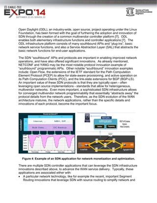 Open Da 
Foundat 
SDN thr 
enables 
ODL infr 
network 
basic ne 
The SDN 
operatio 
NETCO 
“southbo 
include: 
Element 
its Path 
An impo 
leveragi 
multiven 
for conv 
protocol 
architect 
innovatio 
aylight (OD 
tion, has be 
rough the cr 
both eleme 
rastructure 
service fun 
etwork func 
N “southbo 
ons, and ha 
NF and YA 
ound” progr 
Open Flow 
t Protocol ( 
Computatio 
ortant value 
ng open so 
ndor networ 
verged mult 
details from 
ture mature 
ons of each 
Figur 
There ar 
innovatio 
applicati 
 A pa 
e 4: Examp 
re multiple 
ons describ 
ions are as 
rticular netw 
ting innovat 
Rout 
DL), an indu 
een formed 
reation of a 
entary infra 
platform co 
nctions, and 
tions for en 
und” APIs a 
ve also offe 
ANG may be 
rammatic A 
w, the exten 
PCEP) to a 
on Clients ( 
of these S 
ource imple 
rks. Even m 
ivendor net 
m the netw 
es, the netw 
h protocol, 
ustry-wide, o 
with the go 
common m 
astructure fu 
onsists of m 
d also a Se 
nd-user app 
and protoco 
ered signific 
e the most 
APIs. Other 
nsions of the 
allow for sta 
PCC), and 
DN protoco 
mentations 
more impor 
twork progr 
ork users. 
work applica 
become the 
ple of an SD 
SDN contro 
bed above, 
sociated ei 
work techn 
tions that le 
open sourc 
oal of furthe 
multivendor 
unctions an 
many southb 
ervice Abstr 
plications. 
ols are impo 
cant innova 
notable pro 
r notable “s 
e IETF stan 
ate-aware p 
the link-sta 
ols is that th 
s - standard 
rtant, a sop 
rammability 
Therefore, 
ations, rath 
e important 
N applicatio 
oller applica 
to advance 
ther with: 
ology, like f 
everage SD 
ce, project o 
ering the ad 
r controller 
nd controlle 
bound APIs 
raction Laye 
operating u 
doption and 
platform [7 
r applicatio 
s and “plug 
er (SAL) tha 
ortant in en 
ations. As a 
otocol innov 
southbound 
ndard for th 
provisioning 
ate extensio 
hey are typ 
ds that allow 
histicated S 
y that essen 
as the SD 
her than the 
t focus. 
on for netw 
ations that 
e the WAN 
for example 
DN with sou 
nder the Li 
d innovation 
7]. ODL 
ons [7]. The 
-ins”, basic 
at abstracts 
nabling imp 
already me 
vation exam 
d” innovation 
he Path Com 
g, and activ 
ons for BG 
ically open 
w for hetero 
SDN infrast 
ntially “abst 
N evolution 
e specific de 
work moneti 
can leverag 
service del 
e the recen 
urce routing 
nux 
n of 
e 
c 
s the 
proved netw 
entioned, 
mple of 
n examples 
mputation 
e operation 
P (BGP-LS 
- often 
ogeneous, 
tructure allo 
tracts away 
n of the WA 
etails and 
zation and 
ge the SDN 
livery. Typ 
nt, importan 
g to simplify 
work 
s 
n on 
S). 
ows 
y” the 
AN 
optimizatio 
N infrastruct 
ically, these 
nt Segment 
y network an 
on. 
ture 
e 
nd 
 