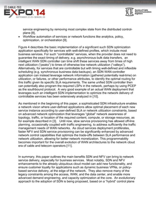 service engineering by removing most complex state from the distributed control-plane 
[8], 
 Workflow automation of services or network functions like analytics, policy, 
optimization, or orchestration [9]. 
Figure 4 describes the basic implementation of a significant such SDN optimization 
application specifically for services with well-defined profiles, which include most 
business services. For such “controllable” services, when the provider does not need to 
guarantee the exact timing of delivery, e.g. asynchronous bulk data transfers, an 
intelligent WAN SDN controller can time shift these services away from times of high 
next utilization (“peaks”) to times of otherwise low network utilization (“valleys”). 
Alternatively, for services that are controllable but with timing well-defined and inflexible 
scheduling (e.g. synchronous business data backups), an SDN WAN controller 
application can instead leverage network information (gathered potentially real-time) on 
utilization, or failures, or other performance attributes, to identify the optimal routing for 
this traffic given its specific SLA requirements. The same unified SDN controller then 
can potentially also program the required LSPs in the network, perhaps by using PCEP 
as the southbound protocol. A very good example of an actual WAN deployment that 
leverages such an intelligent SDN implementation to optimize the network delivery of 
controllable services has been extensively analyzed in [10]. 
As mentioned in the beginning of this paper, a sophisticated SDN infrastructure enables 
a network vision where user-defined applications allow optimal placement of each new 
service instance according to user-defined SLA or network utilization constraints, based 
on advanced network optimization that leverages “global” network awareness of 
topology, traffic, or location of the required content, compute, or storage resources, as 
for example described in [3]. Until now, slow service provisioning has allowed off-line 
planning, occasionally coupled with traffic engineering, to address sufficiently the traffic 
management needs of WAN networks. As cloud services deployment proliferates, 
faster NFV and SDN service provisioning can be significantly enhanced by advanced 
network control capabilities that optimize the trade-offs between SLA performance and 
network utilization, allowing for better network monetization. This programmability 
becomes important for the overall evolution of WAN architectures to the network cloud 
era of cable and telecom operators [11]. 
In summary, this paper outlines the main benefits SDN and NFV can bring to network 
service delivery, especially for business services. Most notably, SDN and NFV 
enhancements to the already ubiquitous cloud model can add new functionality, and 
ensure customer loyalty for applications such as dynamic business VPNs, or policy-based 
service delivery, at the edge of the network. They also remove many of the 
legacy constraints among the access, WAN, and the data center, and enable more 
advanced demand engineering, and capacity optimization at the core. An evolutionary 
approach to the adoption of SDN is being proposed, based on a “hybrid” control plane 
 