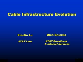 Cable Infrastructure Evolution



                   Xiaolin Lu    Oleh Sniezko

                   AT&T Labs    AT&T Broadband
                                & Internet Services




XL   4/30/99
 