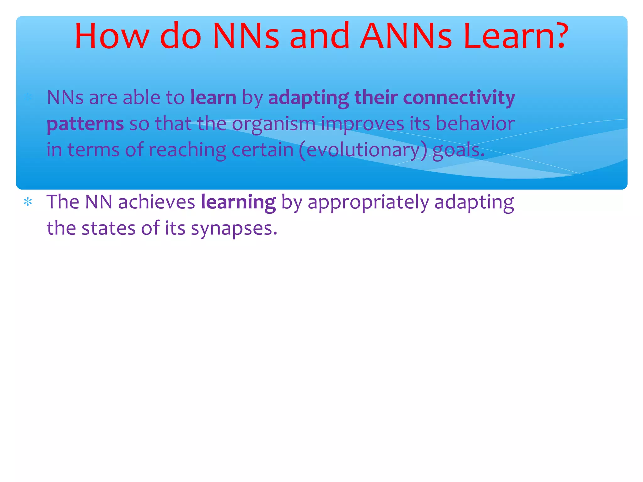 How do NNs and ANNs Learn?
∗ NNs are able to learn by adapting their connectivity
patterns so that the organism improves its behavior
in terms of reaching certain (evolutionary) goals.
∗ The NN achieves learning by appropriately adapting
the states of its synapses.

 