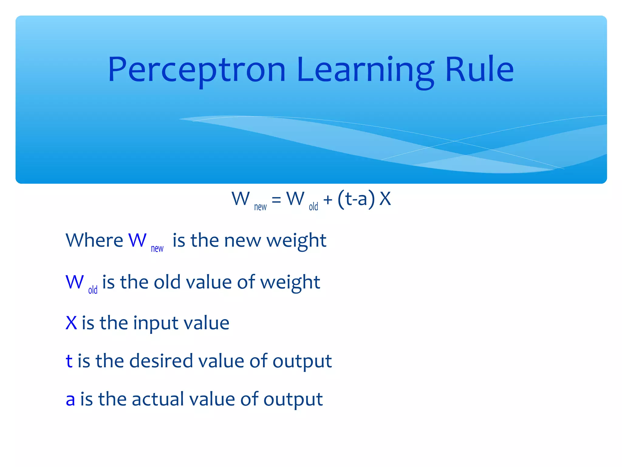 Perceptron Learning Rule
W new = W old + (t-a) X
Where W new is the new weight
W old is the old value of weight
X is the input value
t is the desired value of output
a is the actual value of output

 