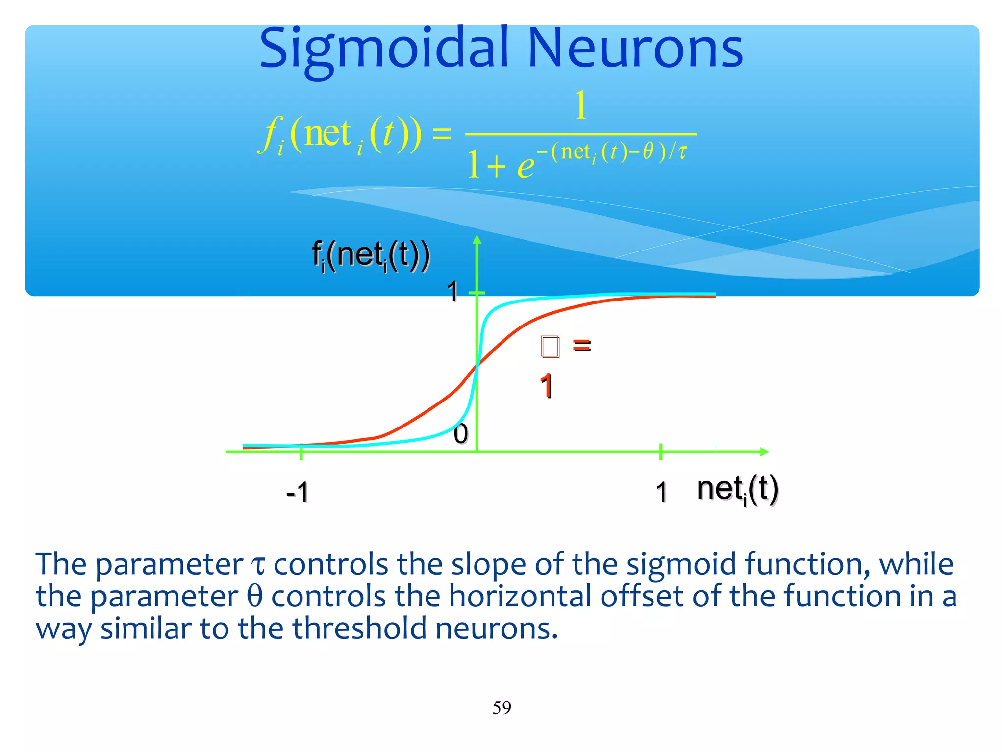 Sigmoidal Neurons
1

f i (net i (t )) =
fi(neti(t))

1 + e − ( net i (t )− θ ) /τ

1

=
1
0
-1

1

neti(t)

The parameter τ controls the slope of the sigmoid function, while
the parameter θ controls the horizontal offset of the function in a
way similar to the threshold neurons.
59

 