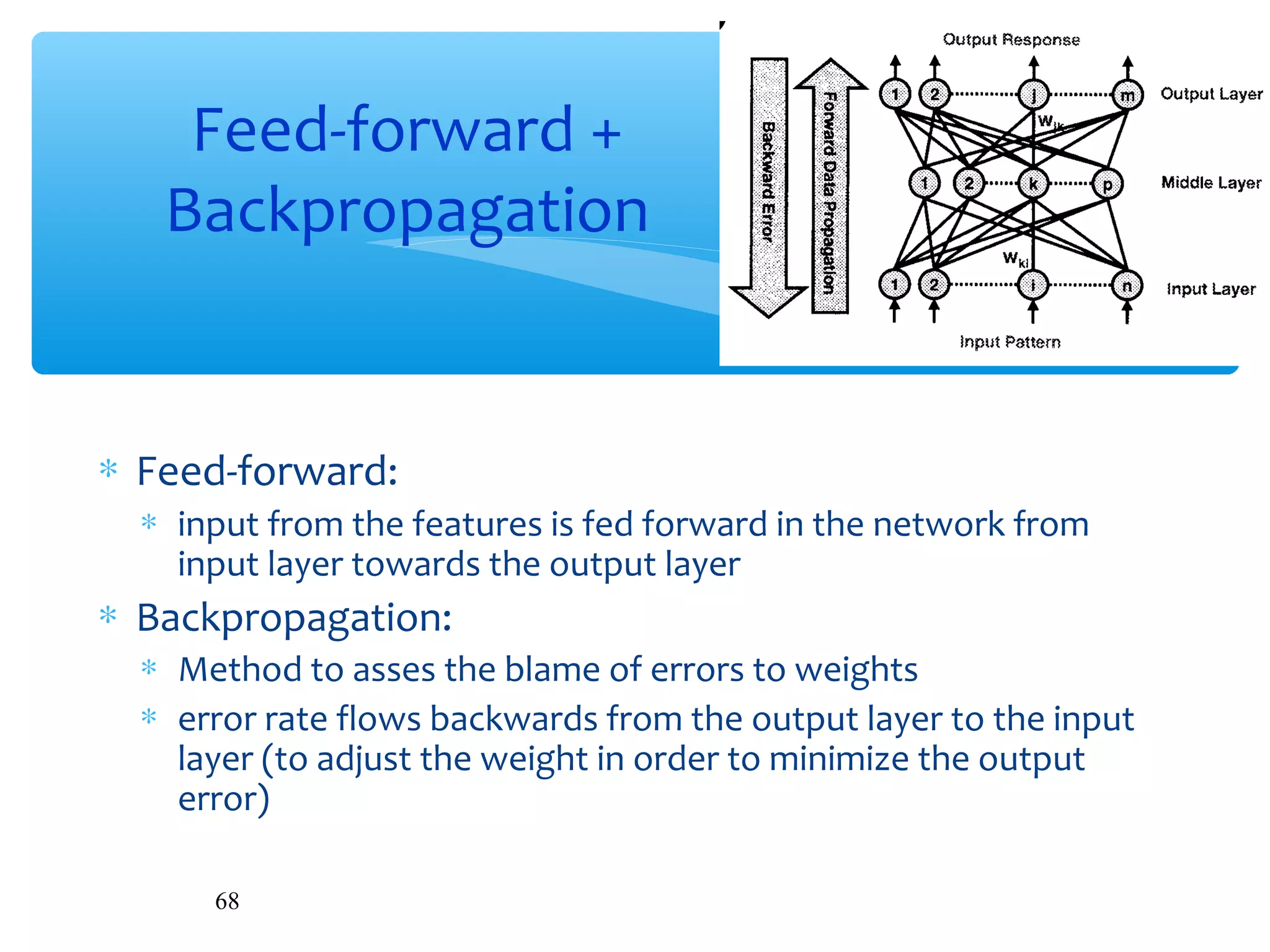 Feed-forward +
Backpropagation

∗ Feed-forward:

∗ input from the features is fed forward in the network from
input layer towards the output layer

∗ Backpropagation:
∗ Method to asses the blame of errors to weights
∗ error rate flows backwards from the output layer to the input
layer (to adjust the weight in order to minimize the output
error)
68

 