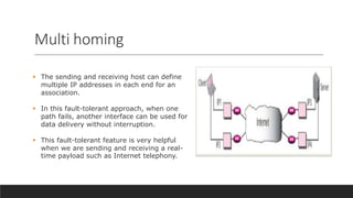 Multi homing
 The sending and receiving host can define
multiple IP addresses in each end for an
association.
 In this fault-tolerant approach, when one
path fails, another interface can be used for
data delivery without interruption.
 This fault-tolerant feature is very helpful
when we are sending and receiving a real-
time payload such as Internet telephony.
 