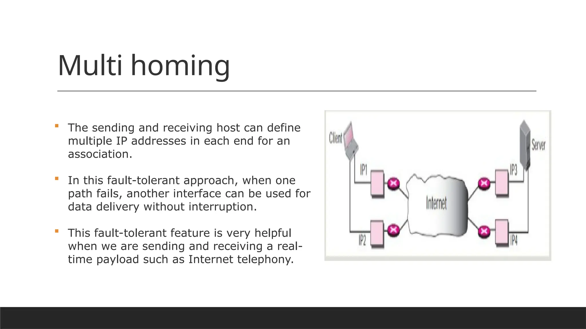 Multi homing
 The sending and receiving host can define
multiple IP addresses in each end for an
association.
 In this fault-tolerant approach, when one
path fails, another interface can be used for
data delivery without interruption.
 This fault-tolerant feature is very helpful
when we are sending and receiving a real-
time payload such as Internet telephony.
 