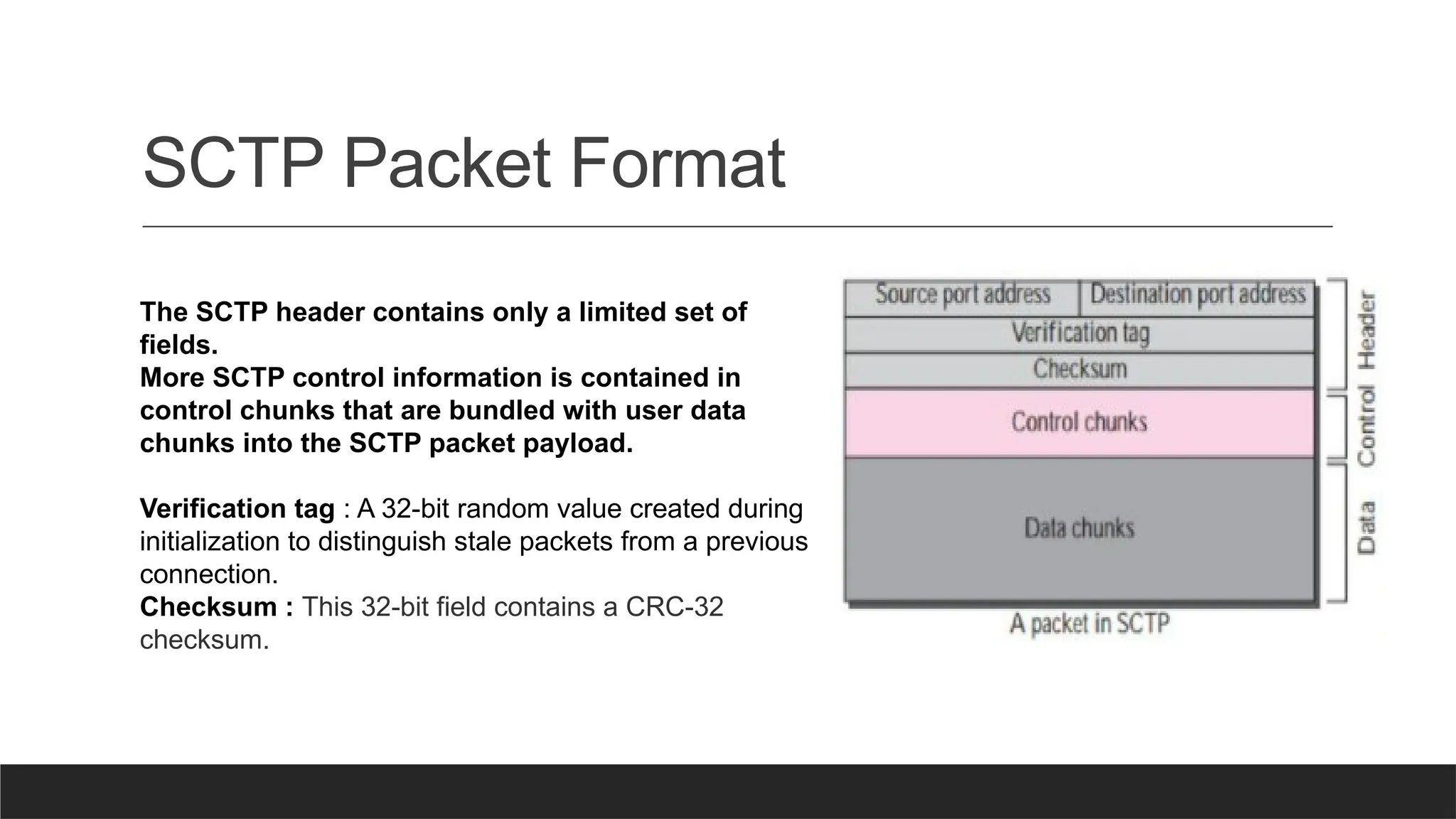 SCTP Packet Format
The SCTP header contains only a limited set of
fields.
More SCTP control information is contained in
control chunks that are bundled with user data
chunks into the SCTP packet payload.
Verification tag : A 32-bit random value created during
initialization to distinguish stale packets from a previous
connection.
Checksum : This 32-bit field contains a CRC-32
checksum.
 