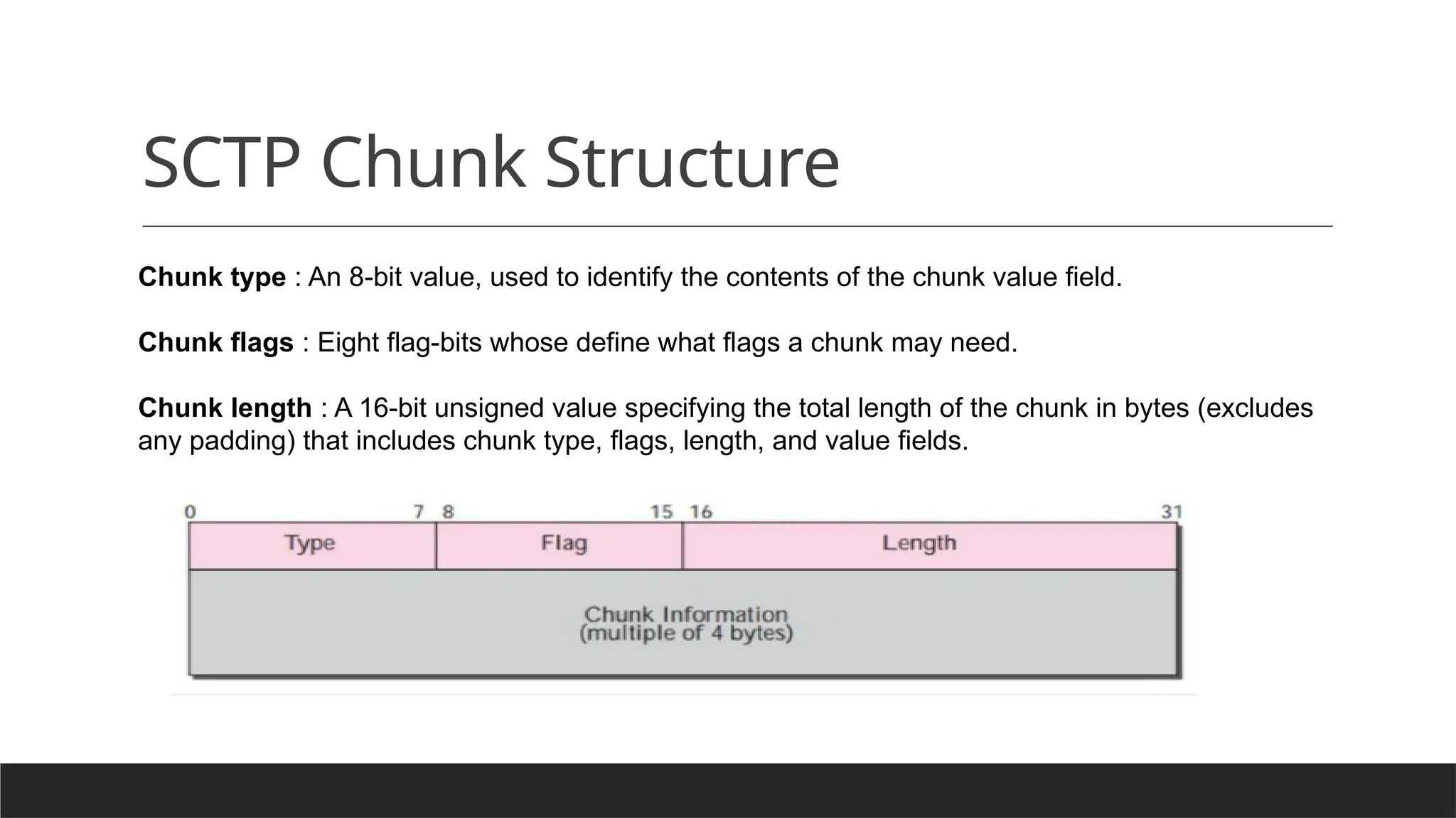 SCTP Chunk Structure
Chunk type : An 8-bit value, used to identify the contents of the chunk value field.
Chunk flags : Eight flag-bits whose define what flags a chunk may need.
Chunk length : A 16-bit unsigned value specifying the total length of the chunk in bytes (excludes
any padding) that includes chunk type, flags, length, and value fields.
 