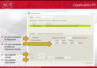 L’application PC
 Ici vous choisissez
la fréquence
 Sauvegarde
unique
 Sauvegarde
redondante
 Ici vous choisissez
le détail de
fréquence choisie
 