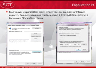  Pour trouver les paramètres proxy, rendez-vous par exemple sur Internet
explorer / Paramètres (ou roue crantée en haut à droite) /Options internet /
Connexions / Paramètres réseau.
L’application PC
 