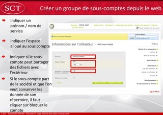 Indiquer un
prénom / nom de
service
Créer un groupe de sous-comptes depuis le web
 Indiquer l’espace
alloué au sous compte
 Indiquer si le sous-
compte peut partager
des fichiers avec
l’extérieur
 Si le sous-compte part
de la société et que l’on
veut conserver les
donnée de son
répertoire, il faut
cliquer sur bloquer le
compte
Votre mail
Mail sous compte
 