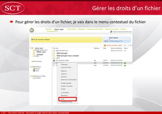  Pour gérer les droits d’un fichier, je vais dans le menu contextuel du fichier
Gérer les droits d’un fichier
Votre mail
Votre mail
Mails sous
compte
Mail groupe
Mail groupe sous compte
 
