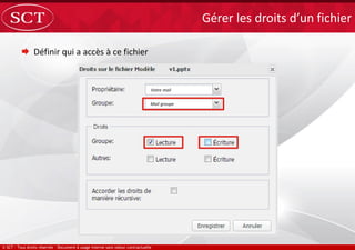  Définir qui a accès à ce fichier
Gérer les droits d’un fichier
Votre mail
Mail groupe
 
