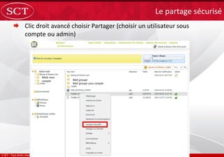  Clic droit avancé choisir Partager (choisir un utilisateur sous
compte ou admin)
Le partage sécurisé
Votre mail
Mails sous
compte Mail groupe
Mail groupe sous compte
 