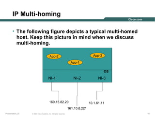 IP Multi-homing
• The following figure depicts a typical multi-homed
host. Keep this picture in mind when we discuss
multi-homing.
App-3

App-2
App-1

OS

NI-1

NI-2

160.15.82.20

NI-3

10.1.61.11

161.10.8.221
Presentation_ID

© 2003 Cisco Systems, Inc. All rights reserved.

10

 