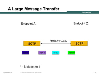 A Large Message Transfer

Endpoint Z

Endpoint A

PMTU=512 octets

SCTP
TSN 4

TSN 3

TSN 2

SCTP
TSN 1*

* - B bit set to 1
Presentation_ID

© 2003 Cisco Systems, Inc. All rights reserved.

112

 