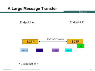 A Large Message Transfer

Endpoint Z

Endpoint A

PMTU=512 octets

SCTP

SCTP
TSN 1*

TSN 5

TSN 4

TSN 3

TSN 2

* - B bit set to 1
Presentation_ID

© 2003 Cisco Systems, Inc. All rights reserved.

113

 