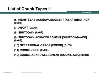 List of Chunk Types II
(6) HEARTBEAT-ACKNOWLEDGMENT [HEARTBEAT-ACK]
(0x05)
(7) ABORT (0x06)
(8) SHUTDOWN (0x07)
(9) SHUTDOWN-ACKNOWLEGMENT [SHUTDOWN-ACK]
(0x08)
(10) OPERATIONAL-ERROR [ERROR] (0x09)
(11) COOKIE-ECHO (0x0A)
(12) COOKIE-ACKNOWLEDGMENT [COOKIE-ACK] (0x0B)

Presentation_ID

© 2003 Cisco Systems, Inc. All rights reserved.

34

 