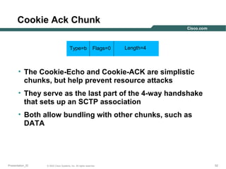 Cookie Ack Chunk
Type=b

Flags=0

Length=4

• The Cookie-Echo and Cookie-ACK are simplistic
chunks, but help prevent resource attacks
• They serve as the last part of the 4-way handshake
that sets up an SCTP association
• Both allow bundling with other chunks, such as
DATA

Presentation_ID

© 2003 Cisco Systems, Inc. All rights reserved.

52

 