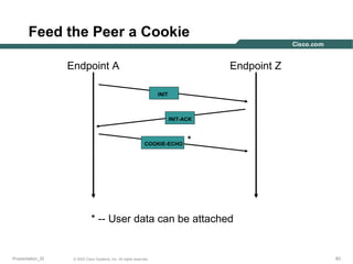 Feed the Peer a Cookie
Endpoint A

Endpoint Z
INIT

INIT-ACK

COOKIE-ECHO

*

* -- User data can be attached

Presentation_ID

© 2003 Cisco Systems, Inc. All rights reserved.

83

 