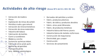 Actividades de alto riesgo (Anexo Nº 5 del D.S. 003- 98- SA)
• Extracción de madera
• Pesca
• Explotación de minas de carbón
• Petróleo crudo y gas natural
• Extracción de mineral metálicos
• Extracción de otros materiales
• Industria del tabaco
• Fabricación de textiles
• Cuero y sucedáneos
• Madera y corcho
• Sustancias químicas indust.
• Fabric. de otros prod. quím.
• Refinerías de petróleo
• Transporte aéreo
• Serv. Médico, odontológico
• Derivados del petróleo y carbón
• Fabric. productos plásticos
• Fabric. de vidrio y productos devidrio
• Fabric. otros prod. Minerales
• Fabric. de productos metálicos
• Industria básica del hierro y acero
• Industria básica de metales no ferrosos
• Construcción de maquinarias
• Electricidad, gas y vapor
• Construcción
• Servicios de saneamiento
 