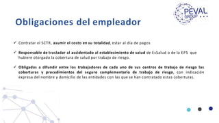 Obligaciones del empleador
 Contratar el SCTR, asumir el costo en su totalidad, estar al día de pagos
 Responsable de trasladar al accidentado al establecimiento de salud de EsSalud o de la EPS que
hubiere otorgado la cobertura de salud por trabajo de riesgo.
 Obligadas a difundir entre los trabajadores de cada uno de sus centros de trabajo de riesgo las
coberturas y procedimientos del seguro complementario de trabajo de riesgo, con indicación
expresa del nombre y domicilio de las entidades con las que se han contratado estas coberturas.
 