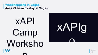 What happens in Vegas
doesn’t have to stay in Vegas.
page
11
xAPIg
o
xAPI
Camp
Worksho
 