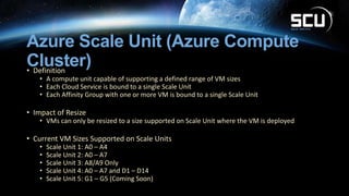 Azure Scale Unit (Azure Compute
Cluster)• Definition
• A compute unit capable of supporting a defined range of VM sizes
• Each Cloud Service is bound to a single Scale Unit
• Each Affinity Group with one or more VM is bound to a single Scale Unit
• Impact of Resize
• VMs can only be resized to a size supported on Scale Unit where the VM is deployed
• Current VM Sizes Supported on Scale Units
• Scale Unit 1: A0 – A4
• Scale Unit 2: A0 – A7
• Scale Unit 3: A8/A9 Only
• Scale Unit 4: A0 – A7 and D1 – D14
• Scale Unit 5: G1 – G5 (Coming Soon)
 