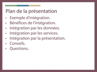 Plan de la présentation
•   Exemple d'intégration.
•   Bénéfices de l'intégration.
•   Intégration par les données.
•   Intégration par les services.
•   Intégration par la présentation.
•   Conseils.
•   Questions.
 