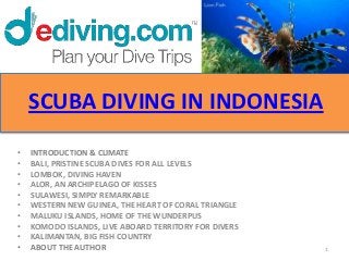SCUBA DIVING IN INDONESIA
•   INTRODUCTION & CLIMATE
•   BALI, PRISTINE SCUBA DIVES FOR ALL LEVELS
•   LOMBOK, DIVING HAVEN
•   ALOR, AN ARCHIPELAGO OF KISSES
•   SULAWESI, SIMPLY REMARKABLE
•   WESTERN NEW GUINEA, THE HEART OF CORAL TRIANGLE
•   MALUKU ISLANDS, HOME OF THE WUNDERPUS
•   KOMODO ISLANDS, LIVE ABOARD TERRITORY FOR DIVERS
•   KALIMANTAN, BIG FISH COUNTRY
•   ABOUT THE AUTHOR                                   1
 