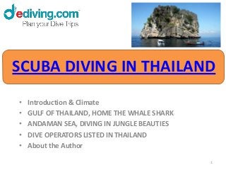 SCUBA DIVING IN THAILAND
•   Introduction & Climate
•   GULF OF THAILAND, HOME THE WHALE SHARK
•   ANDAMAN SEA, DIVING IN JUNGLE BEAUTIES
•   DIVE OPERATORS LISTED IN THAILAND
•   About the Author

                                             1
 
