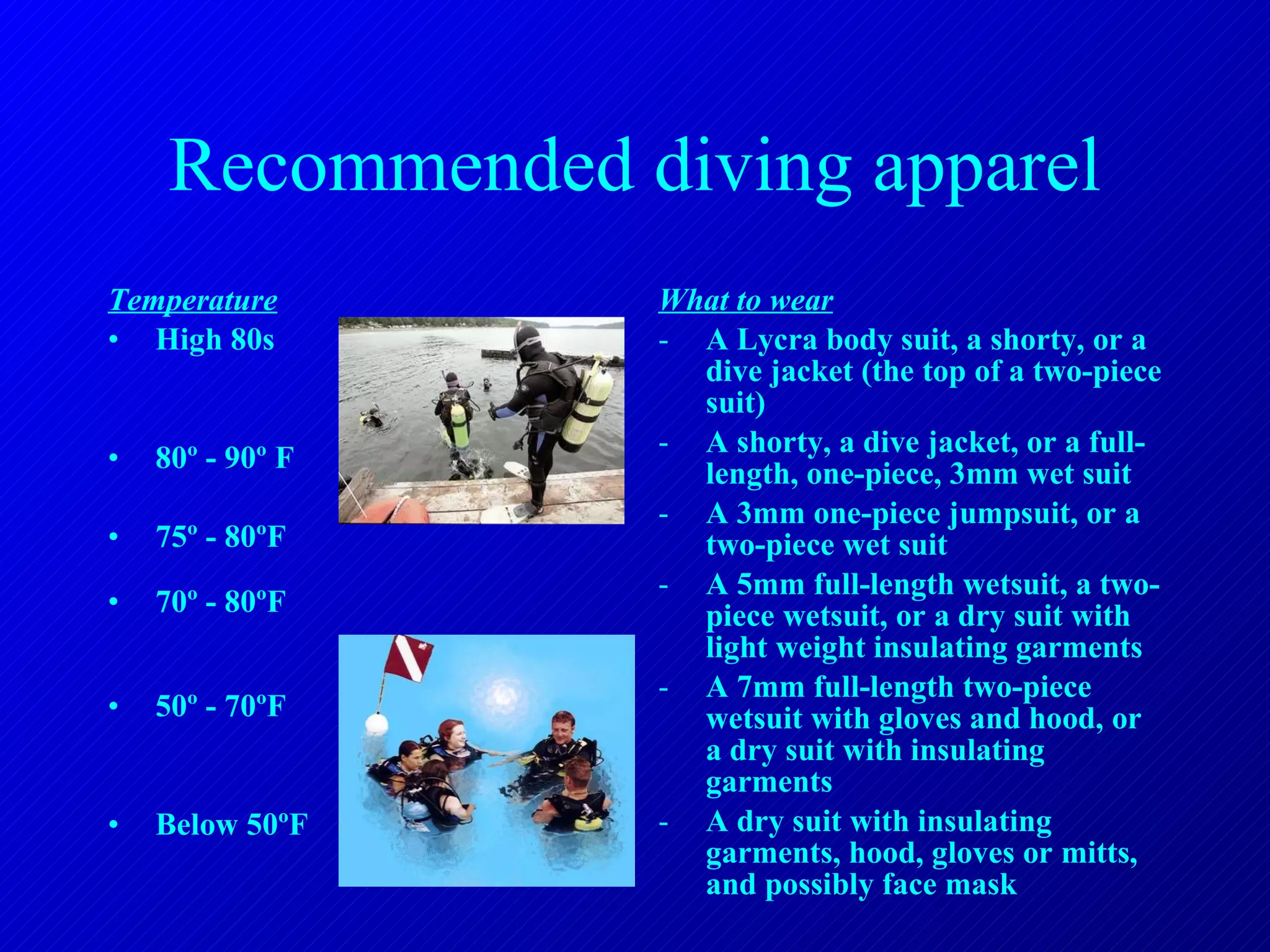Recommended diving apparel Temperature High 80s 80 º - 90º F 75º - 80ºF 70º - 80ºF 50º - 70ºF Below 50ºF What to wear A Lycra body suit, a shorty, or a dive jacket (the top of a two-piece suit) A shorty, a dive jacket, or a full-length, one-piece, 3mm wet suit A 3mm one-piece jumpsuit, or a two-piece wet suit A 5mm full-length wetsuit, a two-piece wetsuit, or a dry suit with light weight insulating garments A 7mm full-length two-piece wetsuit with gloves and hood, or a dry suit with insulating garments A dry suit with insulating garments, hood, gloves or mitts, and possibly face mask  