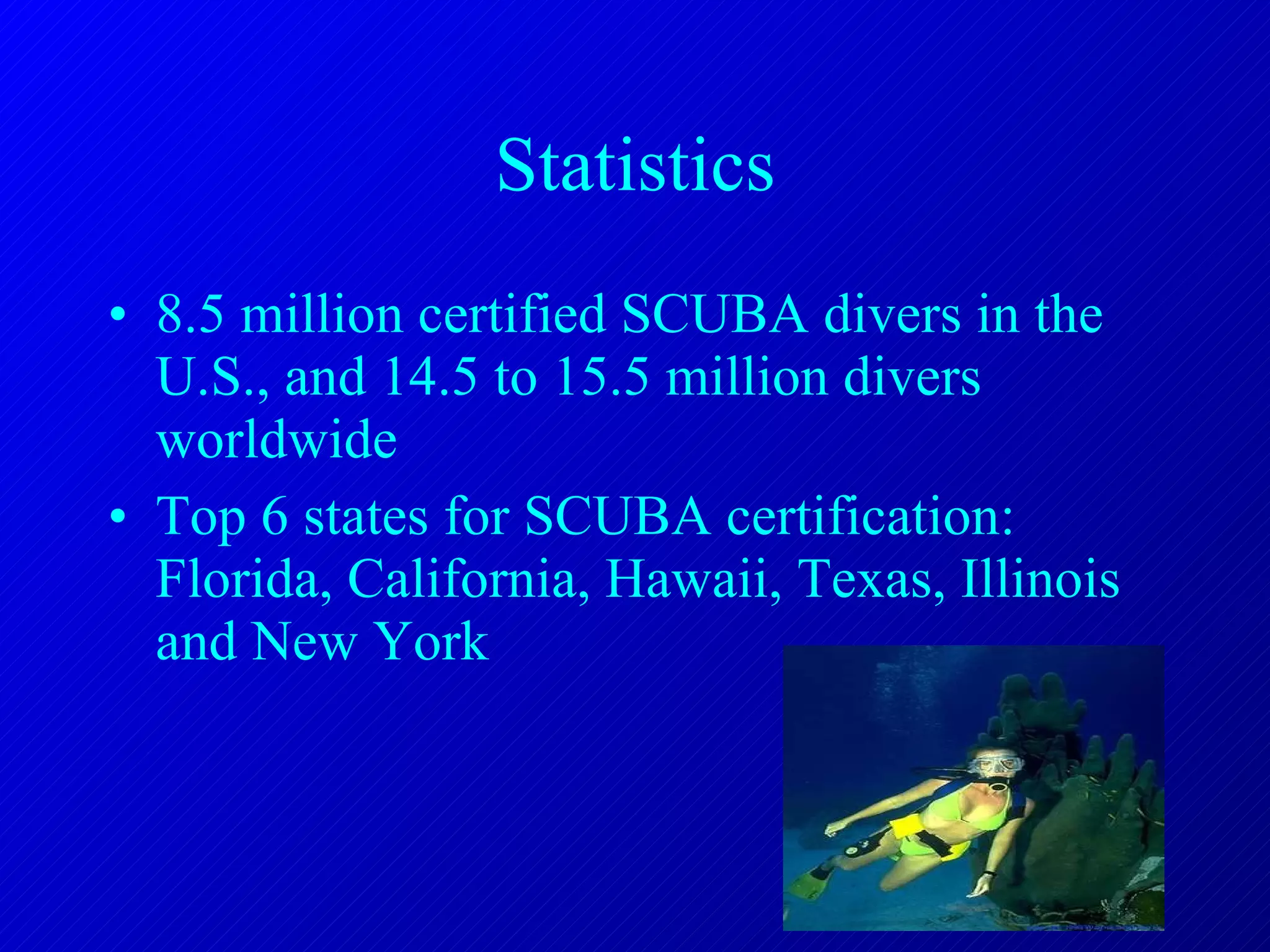 Statistics 8.5 million certified SCUBA divers in the U.S., and 14.5 to 15.5 million divers worldwide Top 6 states for SCUBA certification: Florida, California, Hawaii, Texas, Illinois and New York 