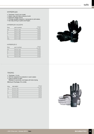 suits

HYPERFLEX
•	 Thickness: 3 and 5 mm model
•	 Elastic wrap and Velcro closure at wrist
•	 Ergonomic design and fit
•	 Provides excellent dexterity in temperate to cold waters.
•	 Non-slip printing on palms and fingers


HYPERFLEX 5 ELASTO
Size         part number                               Retail
                                                     (incl. VAT)
XS           58 017 100                                40.00
S            58 017 200                                40.00
M            58 017 300                                40.00
L            58 017 400                                40.00
XL           58 017 500                                40.00
XXL          58 017 600                                40.00



HYPERFLEX 3
Size         part number                               Retail
                                                     (incl. VAT)
XS           58 015 100                                24.00
S            58 015 200                                24.00
M            58 015 300                                24.00
L            58 015 400                                24.00
XL           58 015 500                                24.00




TROPIC
•	 Thickness: 1,5 mm
•	 Soft thin neoprene for protection in warm waters
•	 Layer of Amara on palm
	 Resistant to punctures, and keeps soft when drying
Minimum Purchase 10 x Units


Size     BK/GREY                                          Retail
                                                       (incl. VAT)
XS       58 916 100                                       26.00
S        58 916 200                                       26.00
M        58 916 300                                       26.00
L        58 916 400                                       26.00
XL       58 916 500                                       26.00




|  2011 Price List  |  October 2010  |  €uro                                 60
 