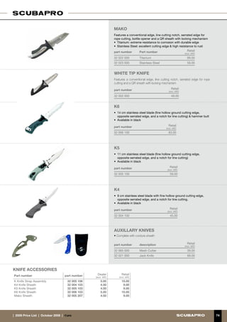 MAKO
                                                                       Features a conventional edge, line cutting notch, serrated edge for
                                                                       rope cutting, bottle opener and a QR sheath with locking mechanism
                                                                       •	 Titanium: extreme resistance to corrosion with durable edge
                                                                       •	 Stainless Steel: excellent cutting edge  high resistance to rust
                                                                       part number         Part number                         Retail
                                                                                                                                (incl. VAT)
                                                                       32 022 000         Titanium                                99.00
                                                                       32 023 000         Stainless Steel                         59.00


                                                                       WHITE TIP KNIFE
                                                                       Features a conventional edge, line cutting notch, serrated edge for rope
                                                                       cutting and a QR sheath with locking mechanism

                                                                       part number                                   Retail
                                                                                                                  (incl. VAT)

                                                                       32 002 000                                    49.00


                                                                       K6
                                                                       • 	14 cm stainless steel blade (fine hollow ground cutting edge,
                                                                          opposite serrated edge, and a notch for line cutting)  hammer butt
                                                                       • 	Available in black

                                                                       part number                                Retail
                                                                                                                (incl. VAT)
                                                                       32 006 100                                 83.00




                                                                       K5
                                                                       •	 11 cm stainless steel blade (fine hollow ground cutting edge,
                                                                          opposite serrated edge, and a notch for line cutting)
                                                                       • 	Available in black 	

                                                                       part number                                 Retail
                                                                                                                 (incl. VAT)
                                                                       32 005 100                                  59.00




                                                                       K4
                                                                       • 	9 cm stainless steel blade with fine hollow ground cutting edge,
                                                                          opposite serrated edge, and a notch for line cutting.
                                                                       • 	Available in black

                                                                       part number                                 Retail
                                                                                                                 (incl. VAT)
                                                                       32 004 100                                  45.00



                                                                       AUXILLARY KNIVES 	
                                                                       • Complete with cordura sheath

                                                                       part number        description                             Retail
                                                                                                                                (incl. VAT)
                                                                       32 065 000         Mesh Cutter                             39.00
                                                                       32 021 000         Jack Knife                              69.00



    Knife ACCESSORIES
    Part number                           part number     Dealer            Retail
                                                         (excl. VAT)      (incl. VAT)
    K Knife Strap Assembly                  32 005 106       5.00           10.00
    K4 Knife Sheath                         32 004 103       4.50            9.00
    K5 Knife Sheath                         32 005 103       4.50            9.00
    K6 Knife Sheath                         32 006 103       5.00           10.00
    Mako Sheath                             32 005 207       4.50            9.00




74 |  2009 Price List  |  October 2008  |  €uro                                                      €uro  |  2011 Price List  |  October 2010  |   74
 